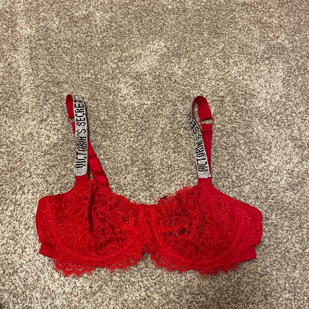 Victoria’s Secret Red Lace Shine Strap Bra.
